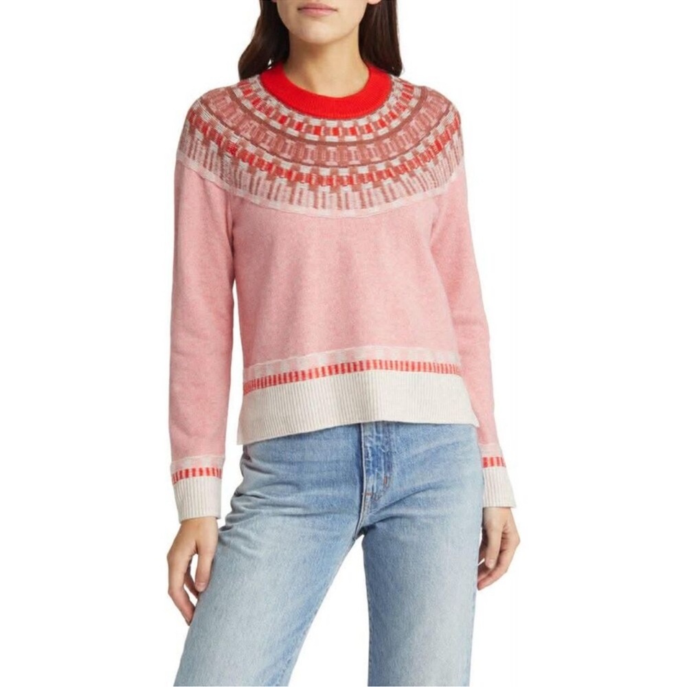 Madewell Pink Red Fair Isle Crewneck Sweater